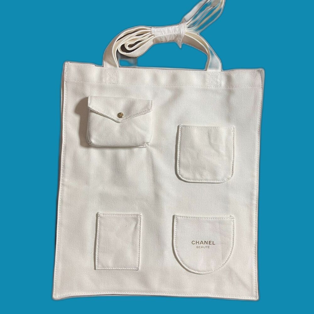 CHANEL BEAUTÉ White Canvas Tote Shopper Bag 4 Pocket Gold Logo New